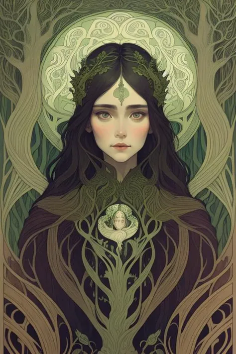 woman in a mythical forest, masterpiece, perfect face, intricate details, horror theme <lora:Nouveau_last:1> art nouveau style