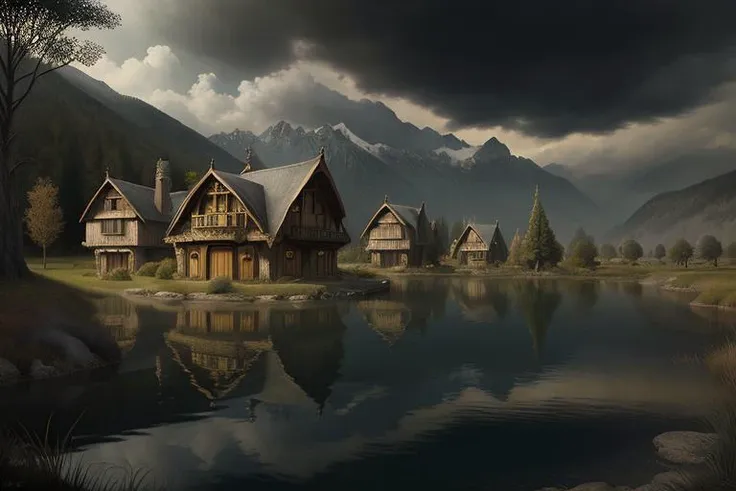 there are many houses that are next to a lake in the mountains