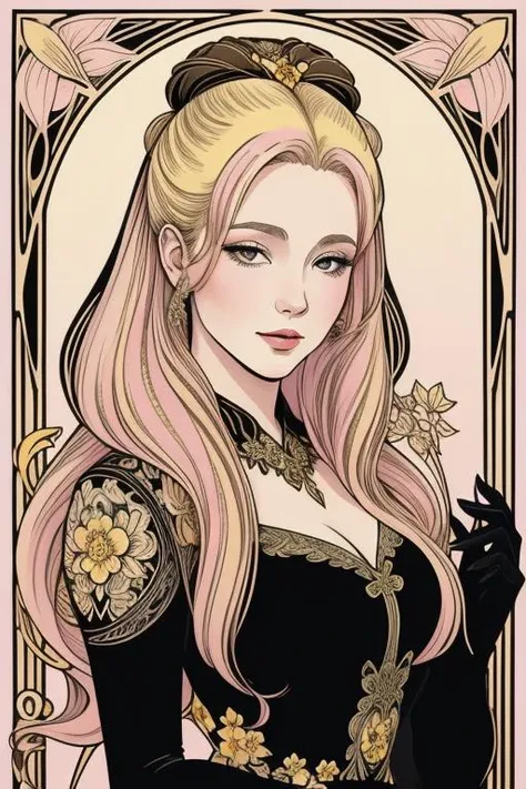 1woman, <lora:Nouveau_last:1>, Art Nouveau Style, heavy ink lines, portrait, masterpiece, yellow dress, Caucasian, formal dress, young lady, blonde hair with pink streak, ((holding beehive)), heavy ink lines