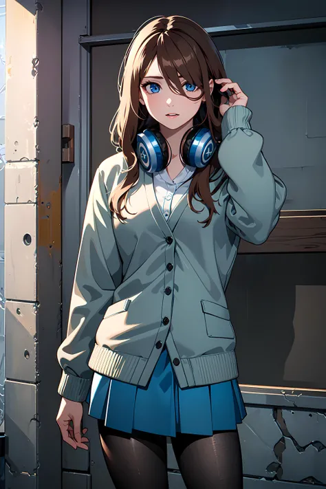 masterpiece,best quality,photorealistic, unreal engine, ultra_res, extremely detailed,
1girl,NM1, HEADPHONES AROUND NECK<lora:nakano_miku_v10:0.4>
brown hair, long hair, hair over one eye, blue eyes,
school uniform, long sleeves, blue cardigan, green skirt...