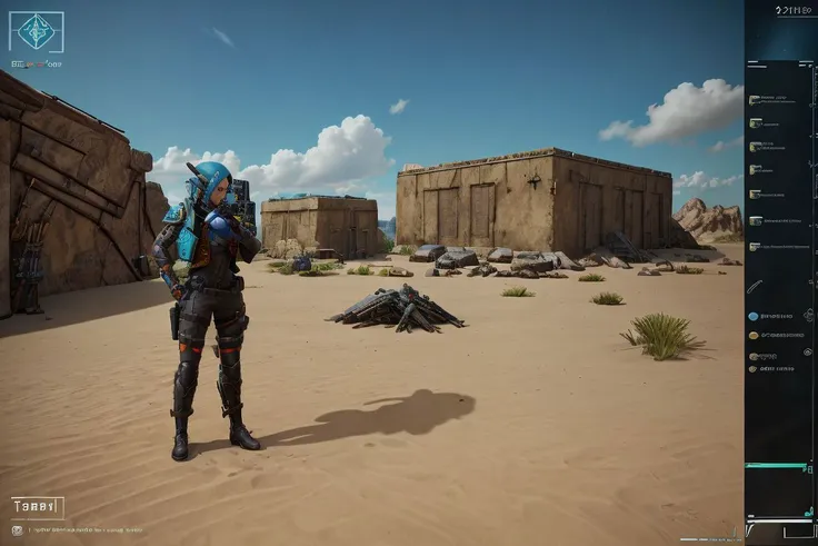 a screenshot of a person standing in the desert with a gun