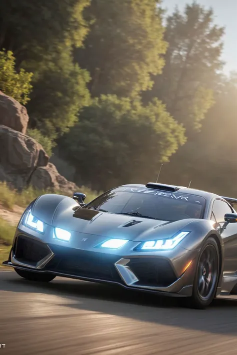 a silver sports car driving on a road near a forest