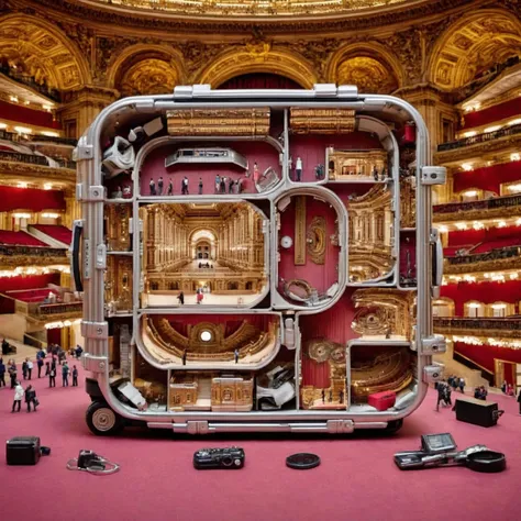 mini(ttp), a miniature of a model of  a parallel aluminium grooves rimowa suitcase inside a Within ((Palais Garnier in Paris)), (Extravagant Performance Hall) ,Palais Garnier Grand Staircase, crowds and cars traffic ahead, (8k, RAW photo, best quality, mas...