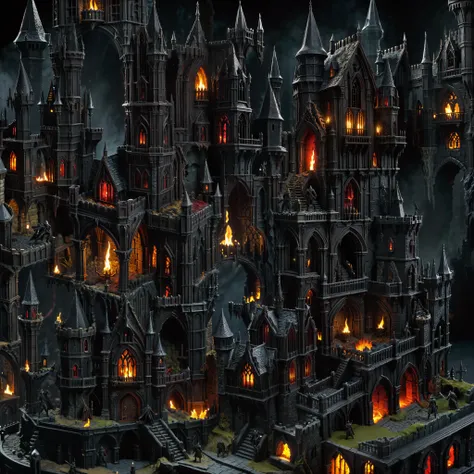 <lora:sdxl-microverse:0.75> microverse (Bloodborne) built inside a miniature model of a dark gothic fantasy castle, warm light licks off ignited cruxifix, an angry mob with pitchforks march along, a lone vampire hunter stands in solitude, a body horror mon...