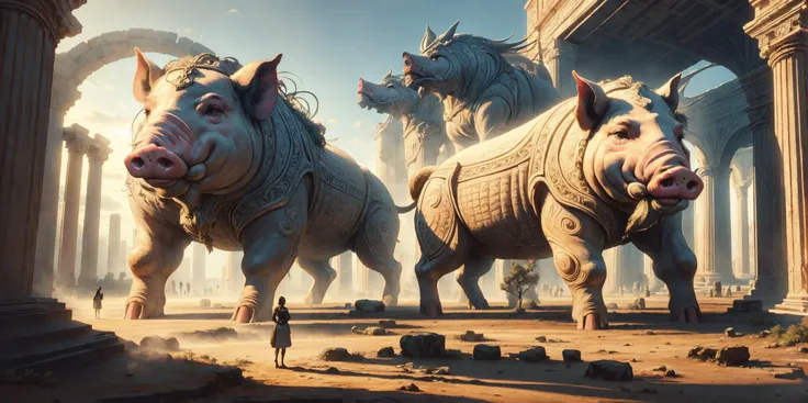 (extremely detailed, intricate details, highres), (masterpiece), Ancient Creatures of Monumental Proportions, pigs, natural lighting, best shadow, woman standing before them in awe, imaginative, highly detailed, <lora:GoodHands-beta2:1> <lora:Ancient_Creat...