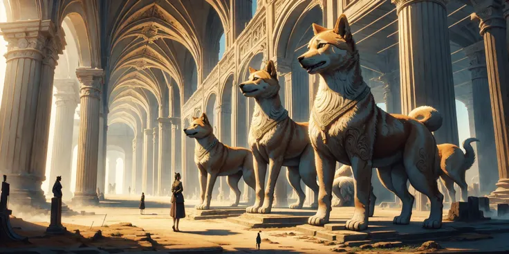 (extremely detailed, intricate details, highres), (masterpiece), Ancient Creatures of Monumental Proportions, shiba inu, natural lighting, best shadow, woman standing before them in awe, imaginative, highly detailed, <lora:GoodHands-beta2:1> <lora:Ancient_...