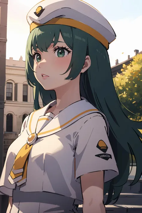 anime girl in sailor outfit standing in front of a building