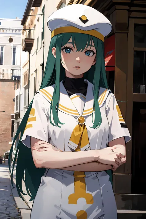 anime girl in sailor outfit standing on a city street