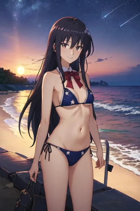 best quality, masterpiece, highres, solo, {night:1.10}, {starry sky:1.10}, beach, beautiful detailed sky, {extremely detailed background:1.20}, {amakusa_shino_seitokaiyakuindomo:1.15}, {standing:1.10}, looking at viewer, {bikini:1.30}, long_hair, black_hai...