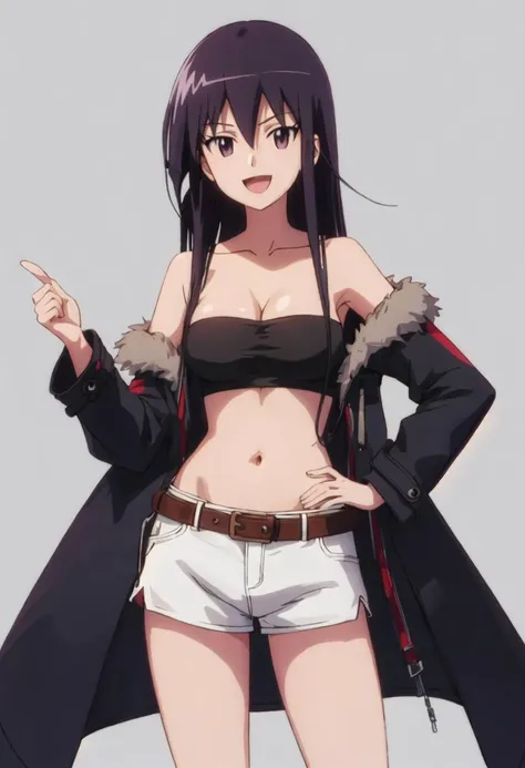 best quality, masterpiece, highres, solo, {amakusa_shino_seitokaiyakuindomo:0.90}, bandeau, belt, coat, cowboy_shot, looking_at_viewer, midriff, navel, open_clothes, open_coat, short_shorts, shorts, smile, standing, stomach, strapless, long_sleeves, tube_t...