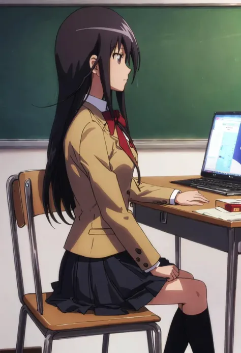 best quality, masterpiece, highres, solo, {amakusa_shino_seitokaiyakuindomo:0.90}, 1girl, chair, desk, school_uniform, sitting, classroom, profile