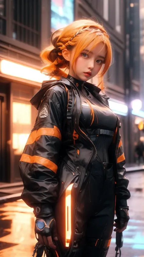 a woman in a black and orange outfit standing on a street