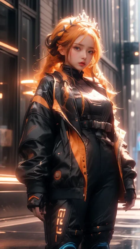 a close up of a person in a black and orange outfit