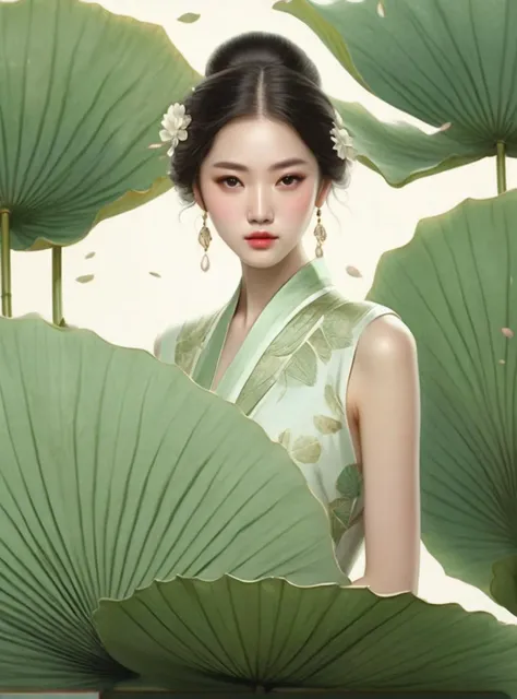 RAW photo, detailed face, ++, f22, beautiful symmetrical face, cute natural makeup, elegant, feminine, highly detailed, a 1girl, (full body:0.8)pose with parasols like a huge lotus leaf, ((huge lotus leaf))in the style of light emerald, oriental minimalism...