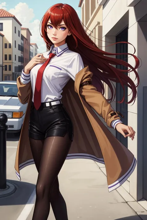 (masterpiece, best quality),  intricate details,
1girl,  
 <lora:kurisetest:0.8> kurisu makise, hair between eyes, hair over shoulder, long hair, (purple eyes:1.1), red hair, straight hair,, black pantyhose, black shorts, brown coat, coat, collared shirt, ...