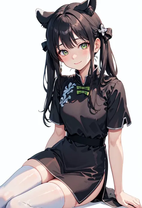 best quality, masterpiece, highres, solo, (shun_bluearchive:1.10), 1girl, black dress, china dress, looking at viewer, short sleeves, blush, simple background, white background, white thighhighs, smile, blunt bangs, closed mouth, sitting, thighs, 3 <lora:s...