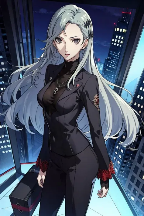 a woman in a black suit standing in front of a city