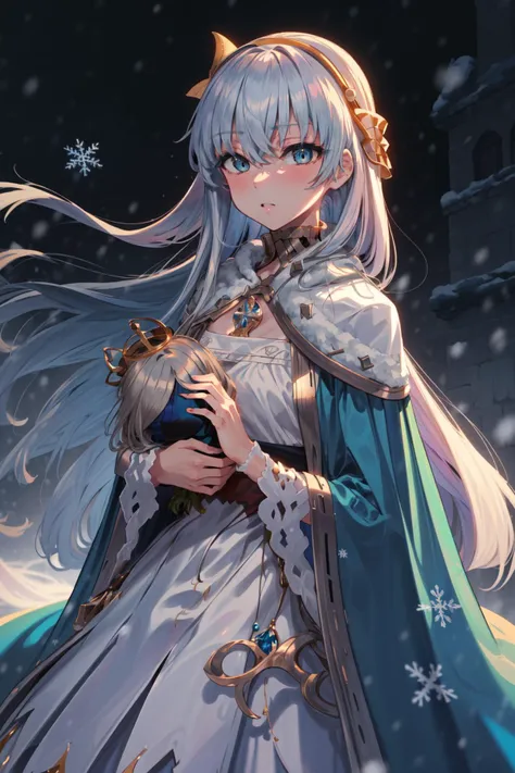 masterpiece,best quality,1girl,original_outfit,anastasia (fate),blue cloak,white dress,doll,mini crown,night,snowing,snowflakes,<lora:anastasiamix:0.8>,