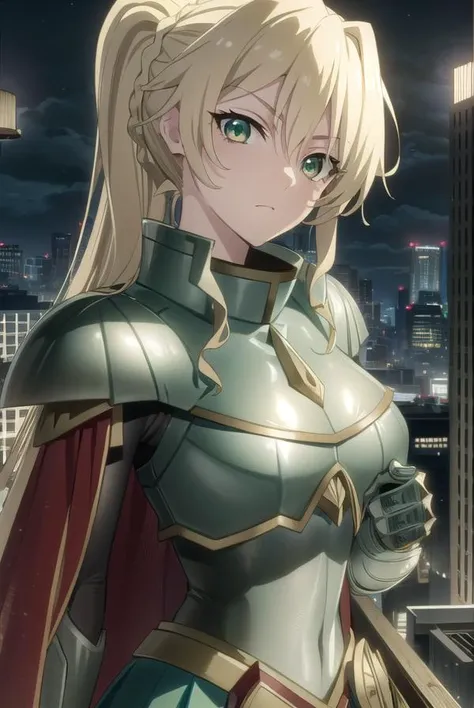 alicetariafebruary, <lora:alicetaria february s1-lora-nochekaiser:1>, 
alicetaria february, long hair, (green eyes:1.3), blonde hair, ponytail, braid,
BREAK skirt, cape, armor, gauntlets, breastplate, red cape,
BREAK outdoor, city, night, sky, buildings, m...