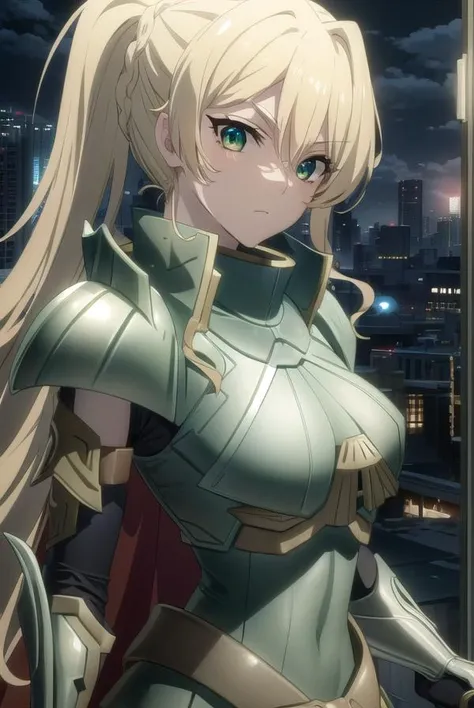 alicetariafebruary, <lora:alicetaria february s1-lora-nochekaiser:1>, 
alicetaria february, long hair, (green eyes:1.3), blonde hair, ponytail, braid,
BREAK skirt, cape, armor, gauntlets, breastplate, red cape,
BREAK outdoor, city, night, sky, buildings, m...