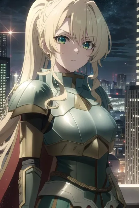 alicetariafebruary, <lora:alicetaria february s1-lora-nochekaiser:1>, 
alicetaria february, long hair, (green eyes:1.3), blonde hair, ponytail, braid,
BREAK skirt, cape, armor, gauntlets, breastplate, red cape,
BREAK outdoor, city, night, sky, buildings, m...