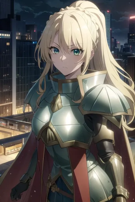 alicetariafebruary, <lora:alicetaria february s1-lora-nochekaiser:1>, 
alicetaria february, long hair, (green eyes:1.3), blonde hair, ponytail, braid,
BREAK skirt, cape, armor, gauntlets, breastplate, red cape,
BREAK outdoor, city, night, sky, buildings, m...