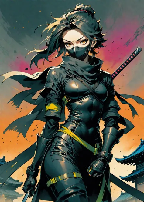 1 female,   
ninja
 roof
 colorful
gradient 
 (artwork in the style of  Yoji Shinkawa	 Dave McKean Meobius  :1.5)