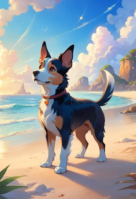 Disney style, A dog on the beach <lora:Details:0.85>, soft outlines, magnificent, celestial, ethereal, painterly, epic, fantasy art, dreamy.