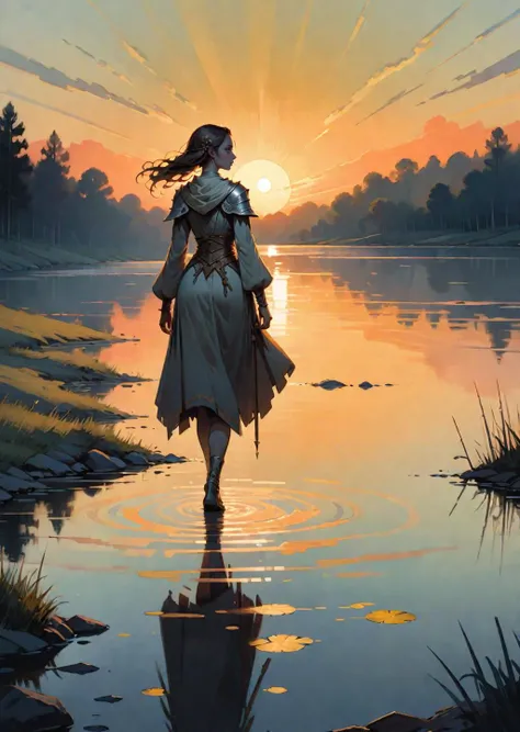 1 female,  walking along the lake 
detailed face 
medieval 
shadow
dramatic lighting 
  gradient 
 sunset
 (artwork in the style of Dave McKean Meobius Sam Bosma:1.5)