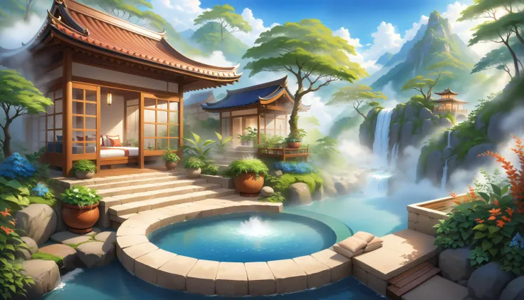 a luxurious outdoor onsen lushfully decorated with plants and steaming hot water and small waterfall, steam, mist, soft outlines, magnificent, celestial, ethereal, painterly, epic, majestic, magical, fantasy art, dreamy, 