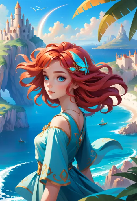 Disney style, A beautiful young woman princess dressed as an ancient Greek goddess, ruling over a secluded island paradise, where she imparts wisdom to her people and controls the power of the elements, surrounded by elemental magic, multicolored hair, red...