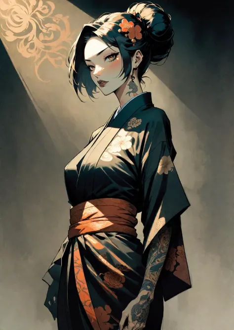 1 female, 
kimono 
tattoo 
shadow
dramatic lighting 
flat sketch 
 (artwork in the style of Dave McKean Meobius Sam Bosma:1.5)