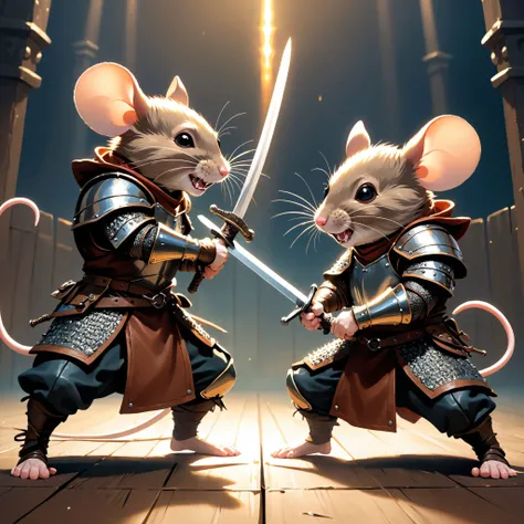 2 mouse warriors ((having a sword duel standing apart facing each other swords raised in fencing combat, crouched low.)) preparing to attack, in intricate leather armor, grandiose design, volumetric lighting, refraction, looking to the side, Dark fantasy, ...