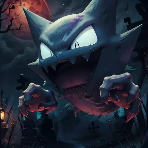 ((masterpiece,best quality)),
<lora:Haunter_Pokemon_Anime:0.9>, Haunter_Pokemon, floating,  no humans, pokemon (creature),
solo, smiling, looking at viewer, dark purple, red glowing eyes, 
graveyard, red moon,
cinematic composition,