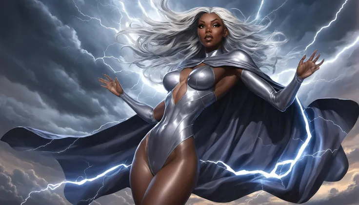 highly_detailed_(digital_painting:1.1)_of the_Storm_character_from_/(X-men/) is superheroically_soaring, ebony_(tall_giantess:1)_character_is_controlling_the_lightnings_with_gesture, (gorgeous:1)_mature_woman. iridescent_(black_firm_bodysuit), translucent ...