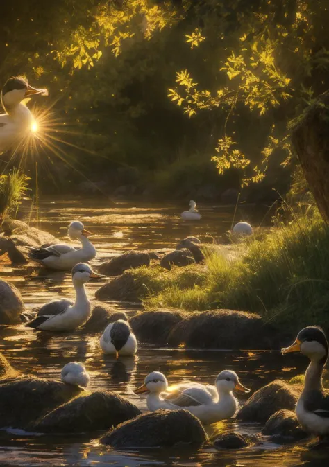 ducks are swimming in a river with rocks and grass