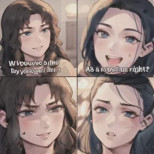 <lora:forthebetterright:0.7> forthebetterright, long hair, blush, smile, open mouth, blue eyes, multiple girls, brown hair, black hair, 2girls, brown eyes, blue hair, parted lips, teeth, english text, meme, animification