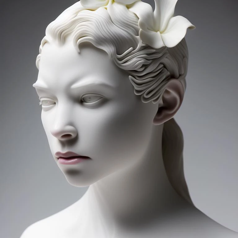 Full head and shoulders, beautiful female porcelain sculpture by daniel arsham and james jean, smooth, all white features on a white background, delicate facial features, white eyes, white lashes, detailed tangled white lilies and Lillie leaves on the head...