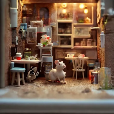 Miniature caf diorama macro photography, cafe for mice, alleyway, ambient, atmospheric, British, bokeh, romantic