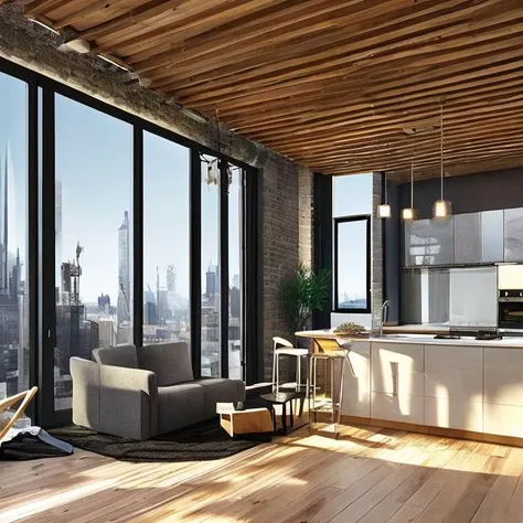 interior design, open plan, kitchen and living room, modular furniture with cotton textiles, wooden floor, high ceiling, large steel windows viewing a city