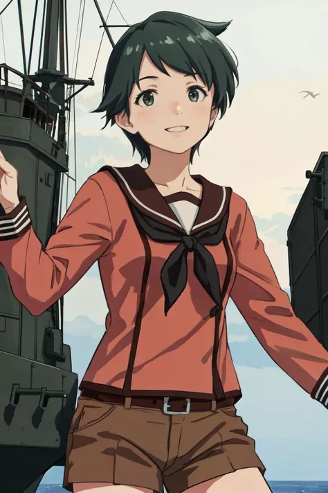 <lora:MogamiKancolleV4:1>mogami (kancolle),black neckerchief,brown shorts,
(best quality, masterpiece, RAW photo,ultra-detailed:1.2), <lyco:GoodHands-beta2:1.0>,1girl,solo,looking at viewer,smile