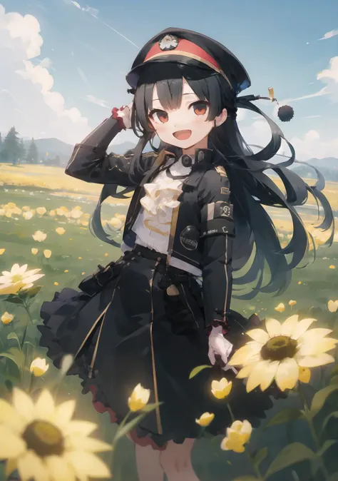 a girl in a uniform standing in a field of flowers