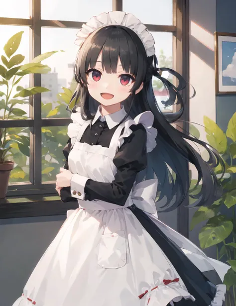 anime girl in maid outfit standing in front of a window