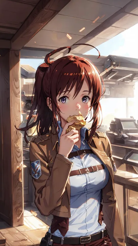 a woman in a uniform eating a donut on a balcony