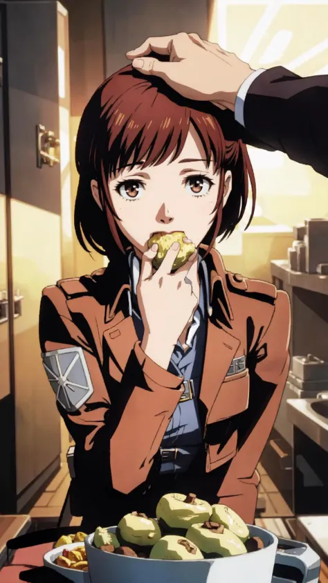 anime image of a woman eating a piece of food in a kitchen