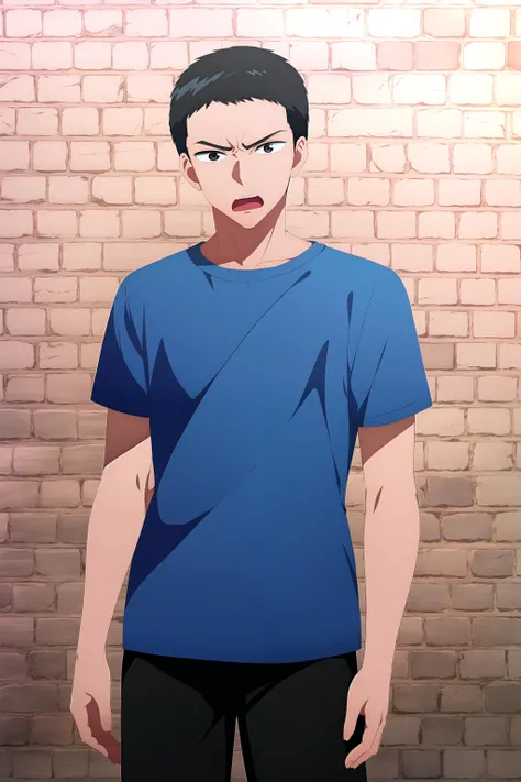 masterpiece, best quality, junta_hayami, 1boy, cowboy shot, standing, looking at viewer, (brick wall), black hair, very short hair, grey eyes, angry, shouting, (blue t-shirt), black pants,