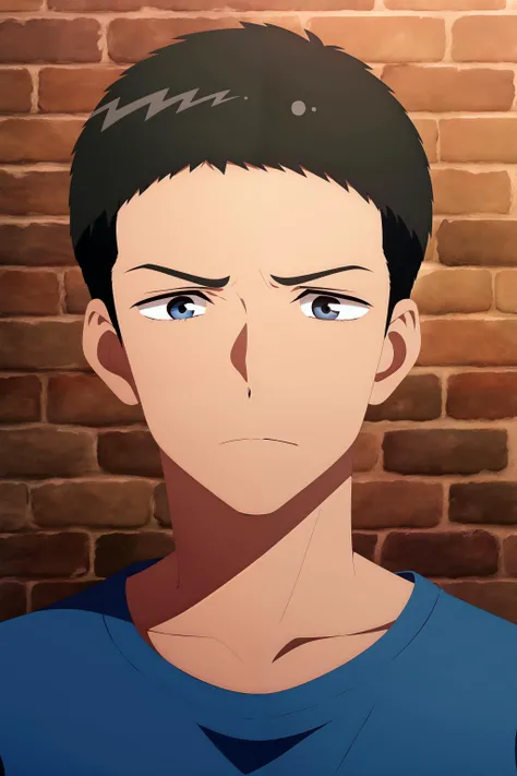 masterpiece, best quality, junta_hayami, 1boy, portrait, looking at viewer, (brick wall), black hair, very short hair, grey eyes, (blue t-shirt), sad, depressed, frown,