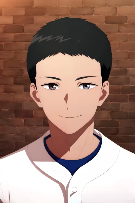 masterpiece, best quality, junta_hayami, 1boy, portrait, looking at viewer, (brick wall), black hair, very short hair, grey eyes, (baseball uniform), smile,