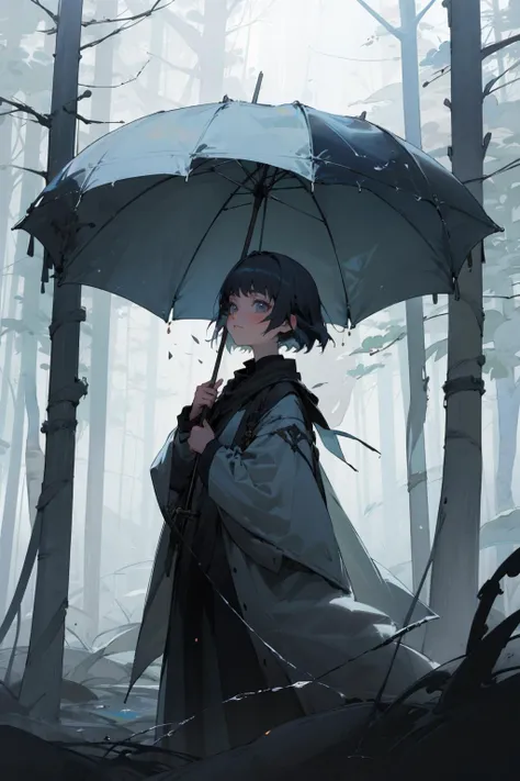 anime girl with umbrella in the woods