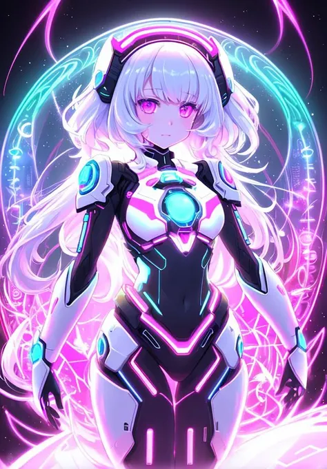 (biorobot girl:1.2),cute face,long hair,frilly hairstyle,(full), white glass dress,torso,body,sfw,8k,ultra-detailed,highres,(best quality, masterpiece:1.2),(deformad neon light:1.3),soft particles of fractal fire,volumetric lighting,focus,colorful,((extrem...